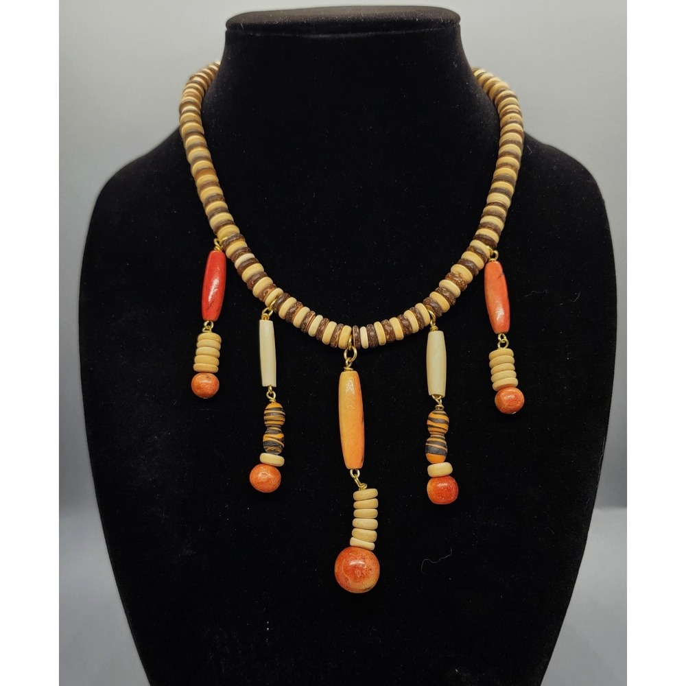 Boho Statement Collar Necklace Wooden Bead Dangle Tribal Magnetic Clasp Brown